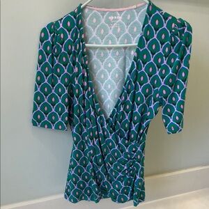 Boden Wrap Front Jersey Top, Rich Emerald, Tulip Print Size 10